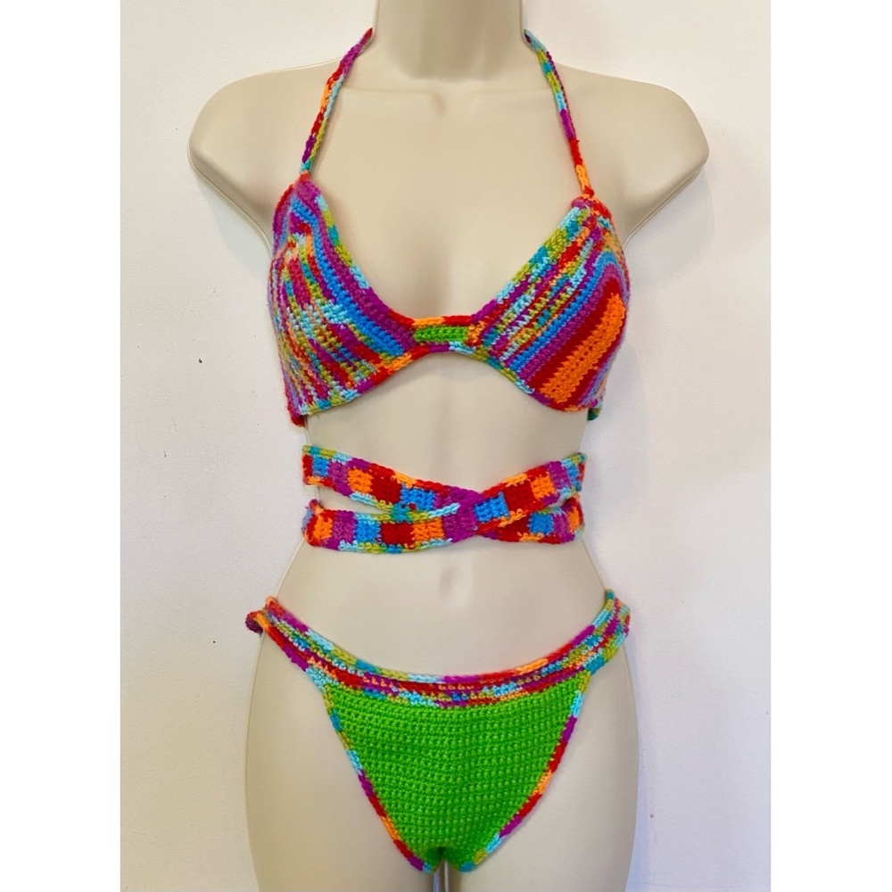 ✨🌈💚👙💫Handmade Crochet Green & Rainbow Bikini Set